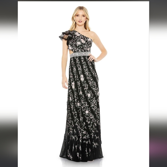 NWT! Mac Duggal,Embroidered Ruffled One Shoulder Lace Up Gown,Black Multi, Size4 - Picture 1 of 15